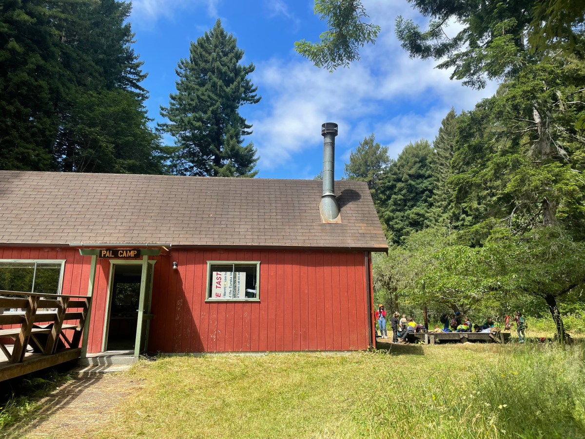 Red cabin labeled 'PAL CAMP' with chimney, surrounded by trees, picnic tables with people in a forested area.