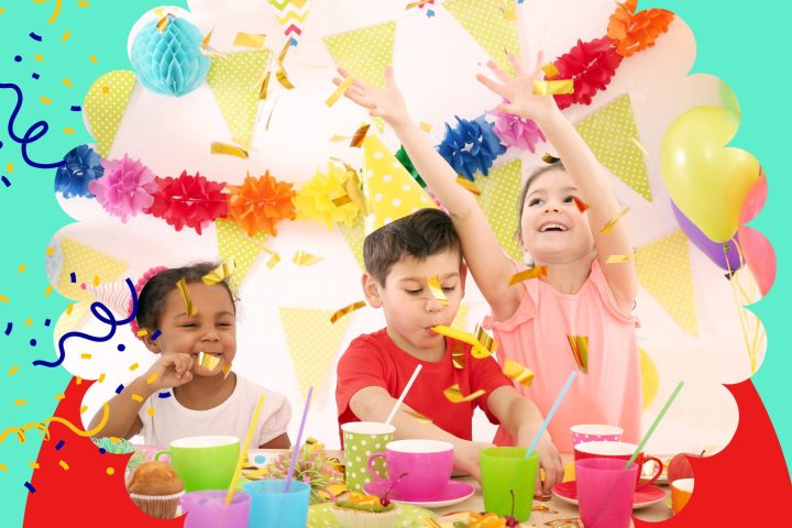 Three children celebrating a birthday with confetti, balloons, and colorful decorations.