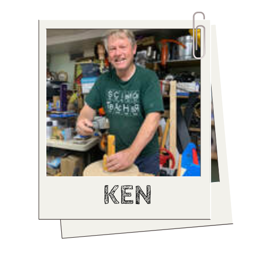 Person in workshop using a tool, wearing a green shirt, with the name 'Ken' below.