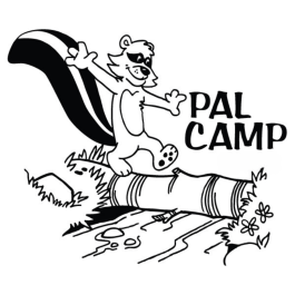 Cartoon skunk in mask walks on a log with 'PAL CAMP' text.