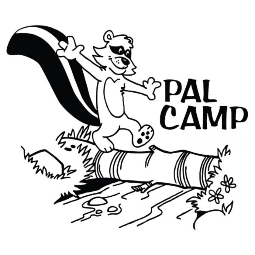 Cartoon skunk in mask walks on a log with 'PAL CAMP' text.