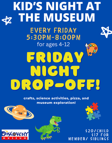 image (3) Kid's Night at the Museum poster with event details and cartoon images.