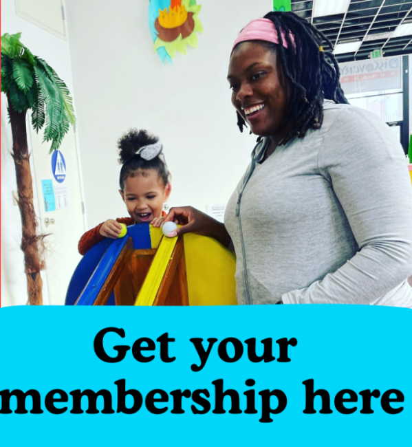 Smiling adult and child playing indoors next to palm decor with text: Get your membership here.