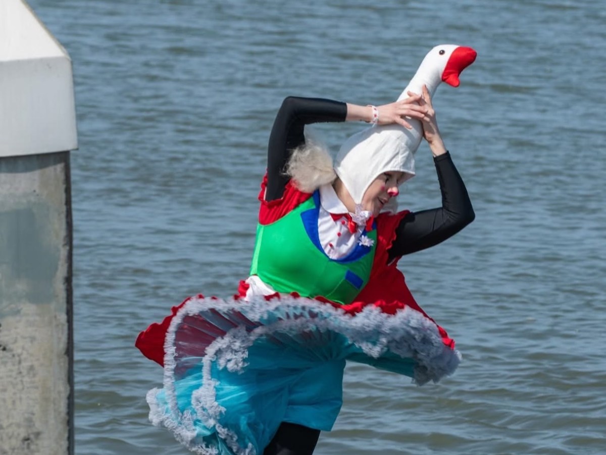 Person in colorful costume with a swan hat dancing near water.
