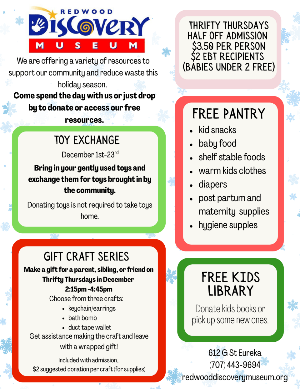 Redwood Discovery Museum flyer with info on toy exchange, free pantry, gift craft series, and kids library.