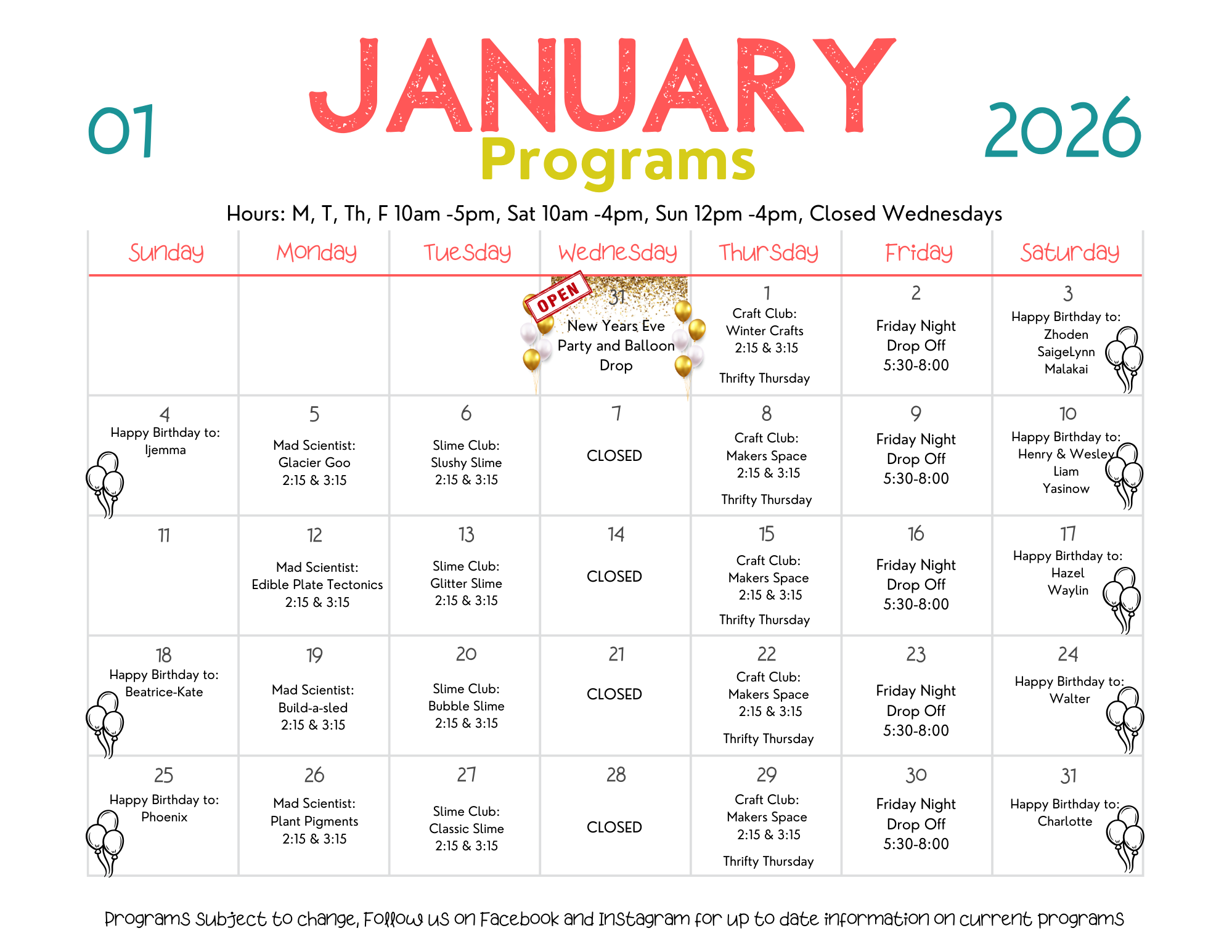 January 2026 programs calendar with events like Mad Scientist and Slime Club, closed Wednesdays.