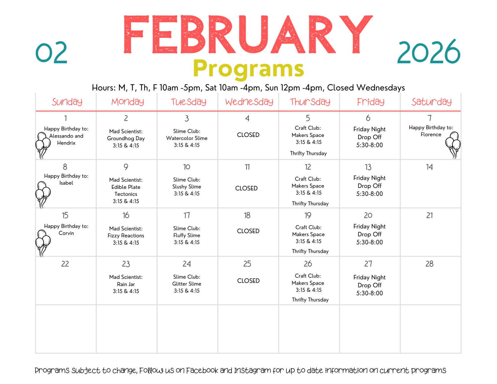 February 2026 calendar showing program schedule with activities and birthdays.