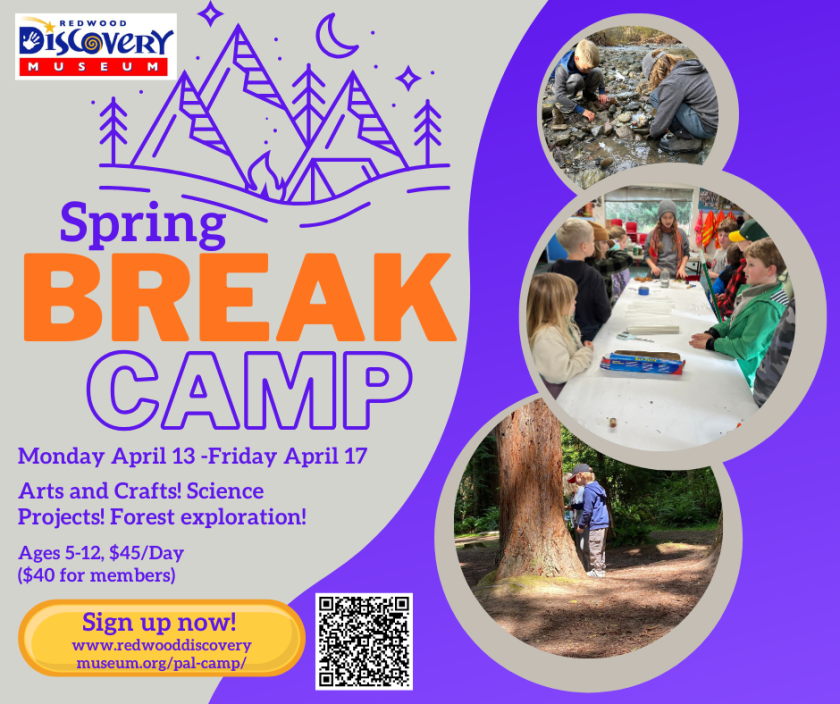 Advertisement for Redwood Discovery Museum's Spring Break Camp with children's activities in circles.