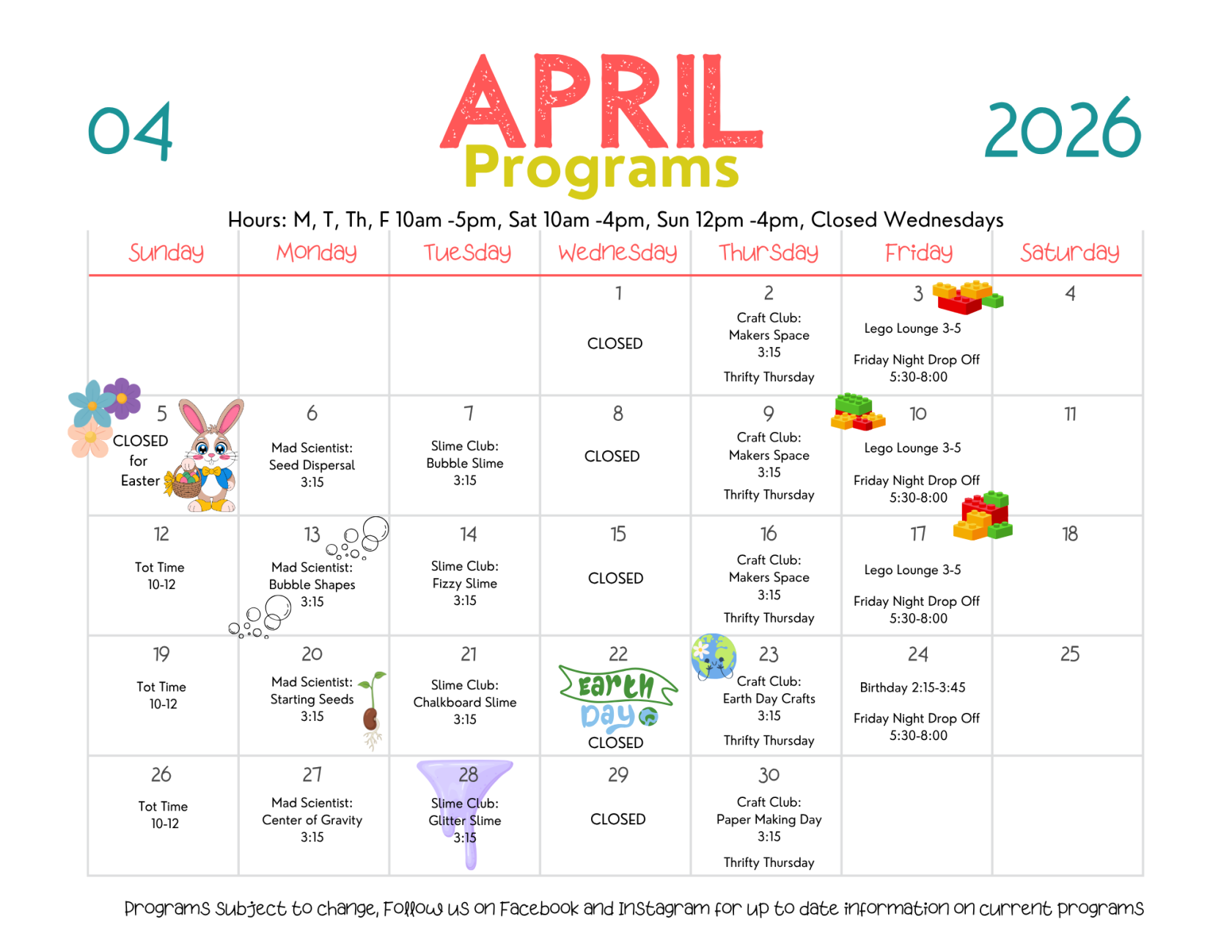 April 2026 calendar with programs for kids, including science and craft clubs, and special events.