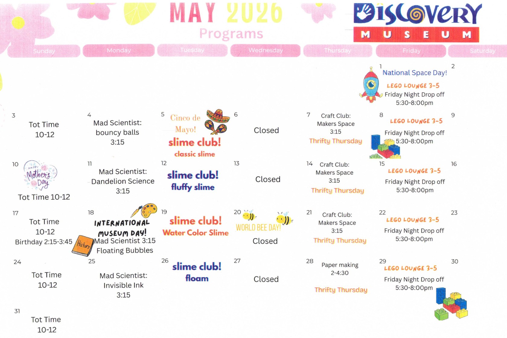 Calendar of events for May 2026 at Discovery Museum with activities like slime club and craft club.