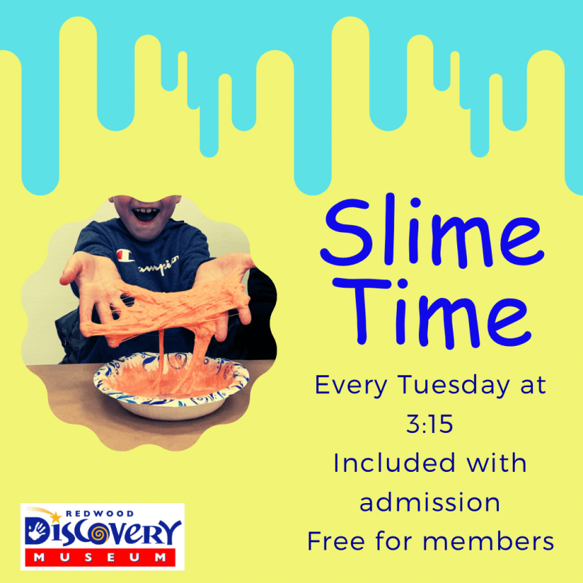 Child playing with slime, hands stretched, with event details and museum logo.