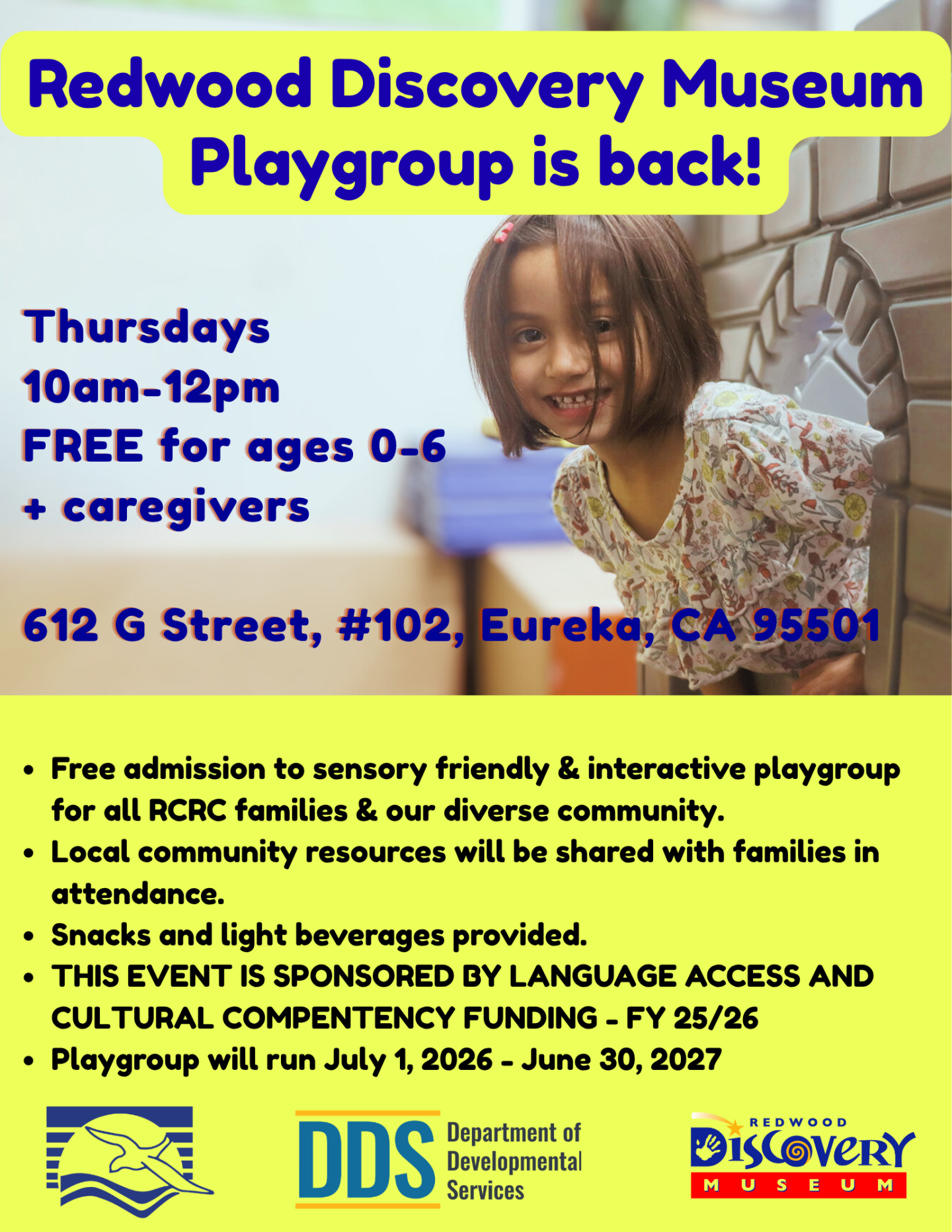 Flyer for Redwood Discovery Museum playgroup event details.