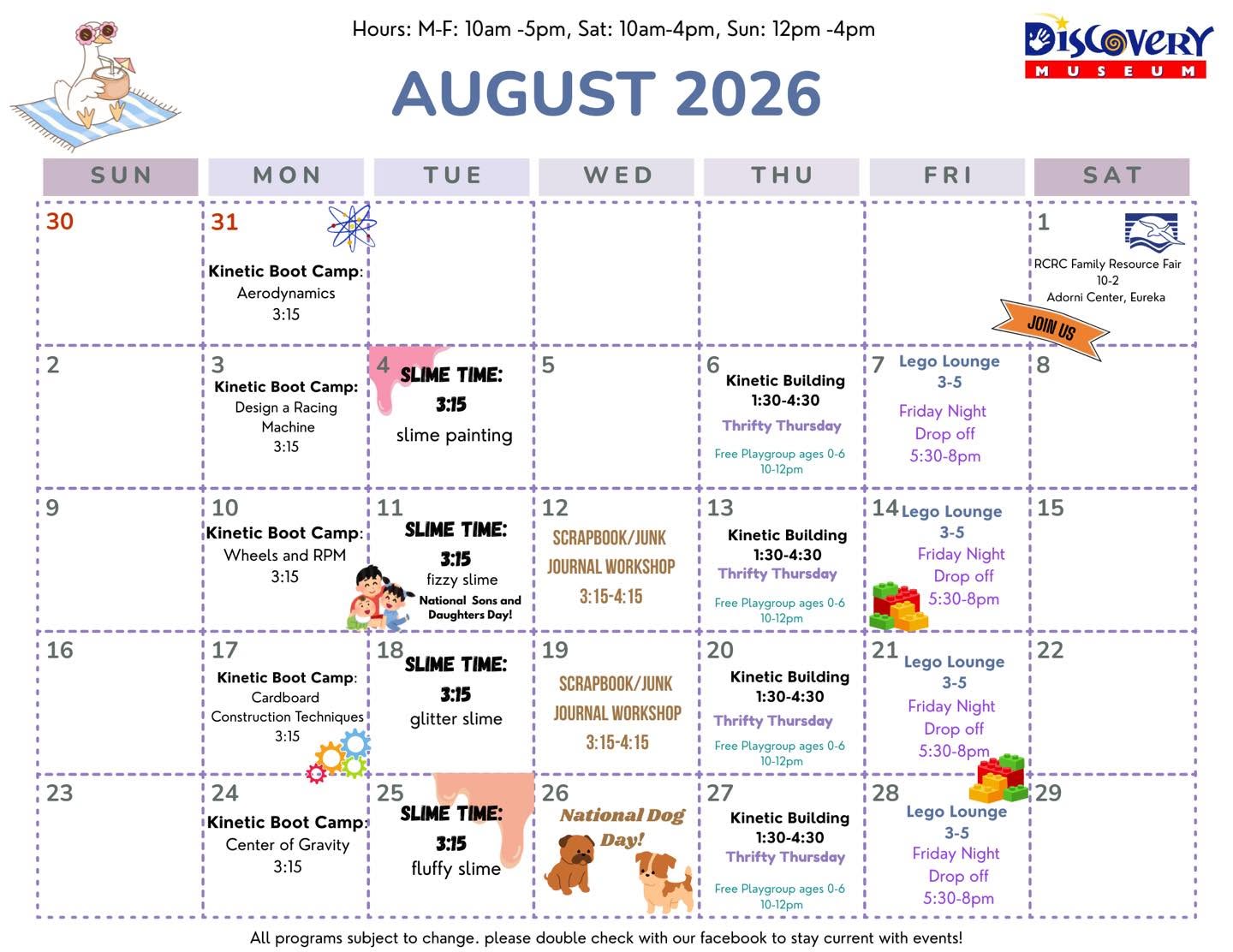 August 2026 calendar with events at the Discovery Museum, featuring workshops and activities for kids.