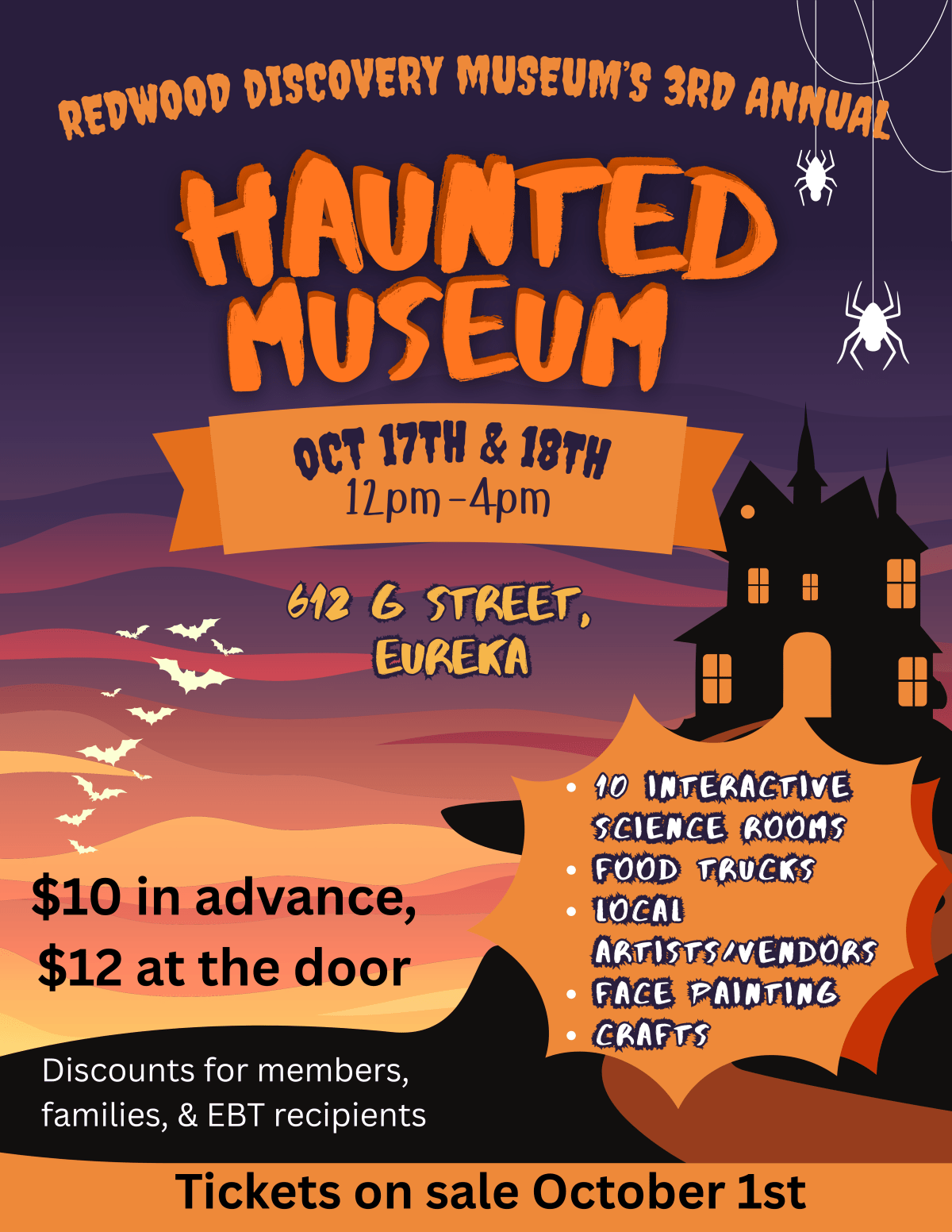 Poster for Redwood Discovery Museum's Haunted Museum event with details and Halloween graphics.
